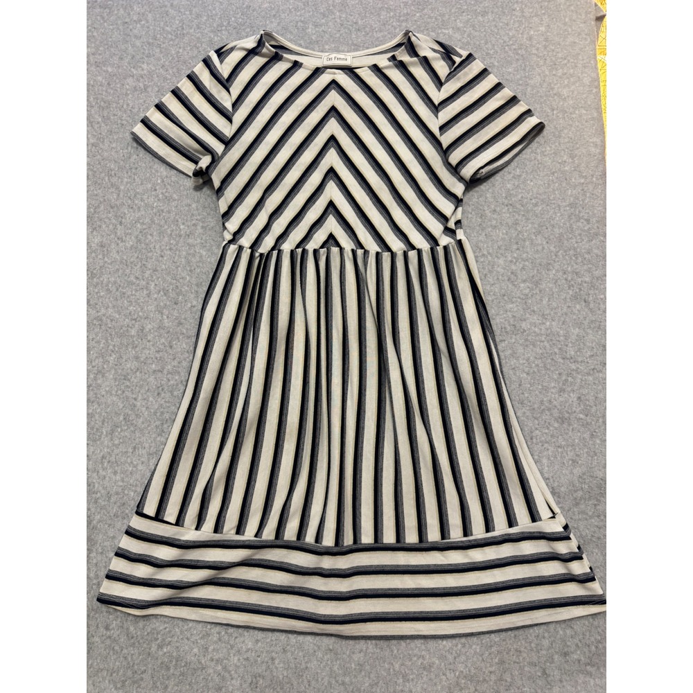 Ces Femme Striped Short Sleeve Empire Waist Pocket Dress Navy Cream Tan Medium